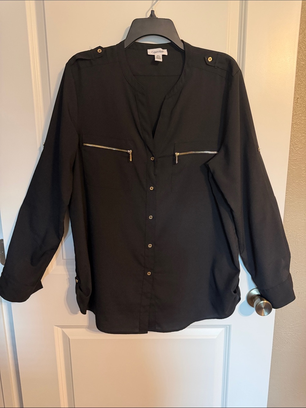 Calvin Klein Black Long-Sleeve Button-Front Blouse with Gold Zips